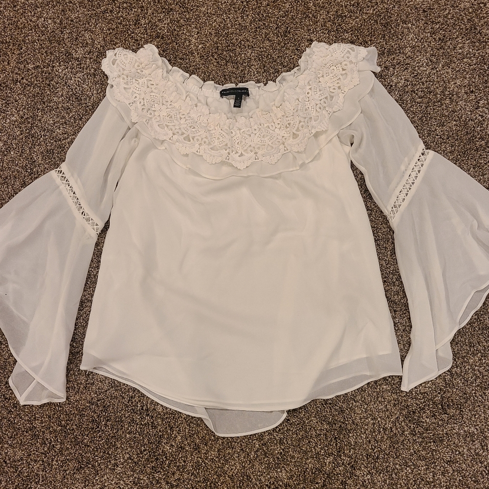 White House Black Market Off-Shoulder Lace Bell Sleeve Blouse